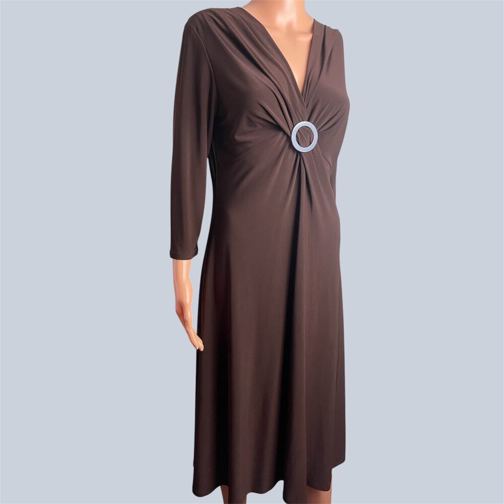 Evan Picone Brown Stretch Long Sleeve Ruched V Neck Career Classic Dress Size 8